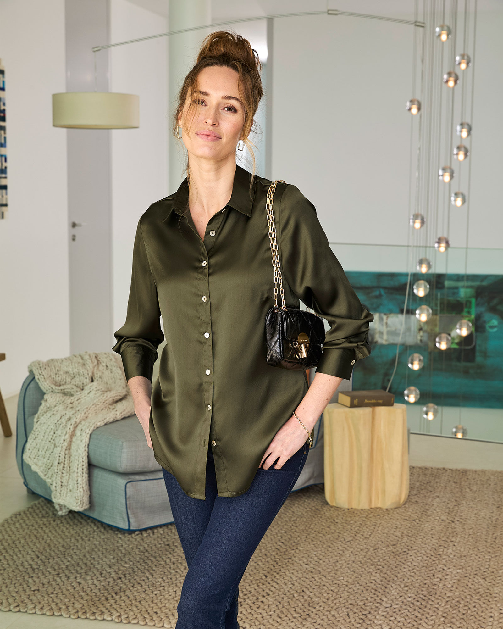 Plain Satin Shirt Green at Cotton Traders