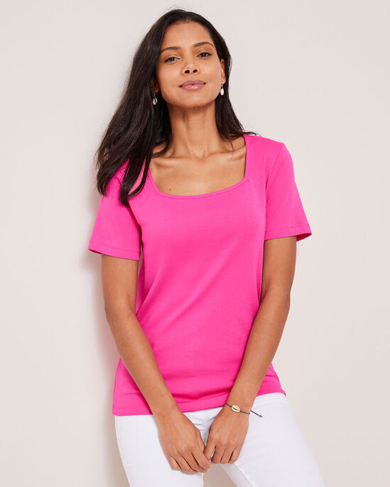 Wrinkle Free Short Sleeve Square Neck Top