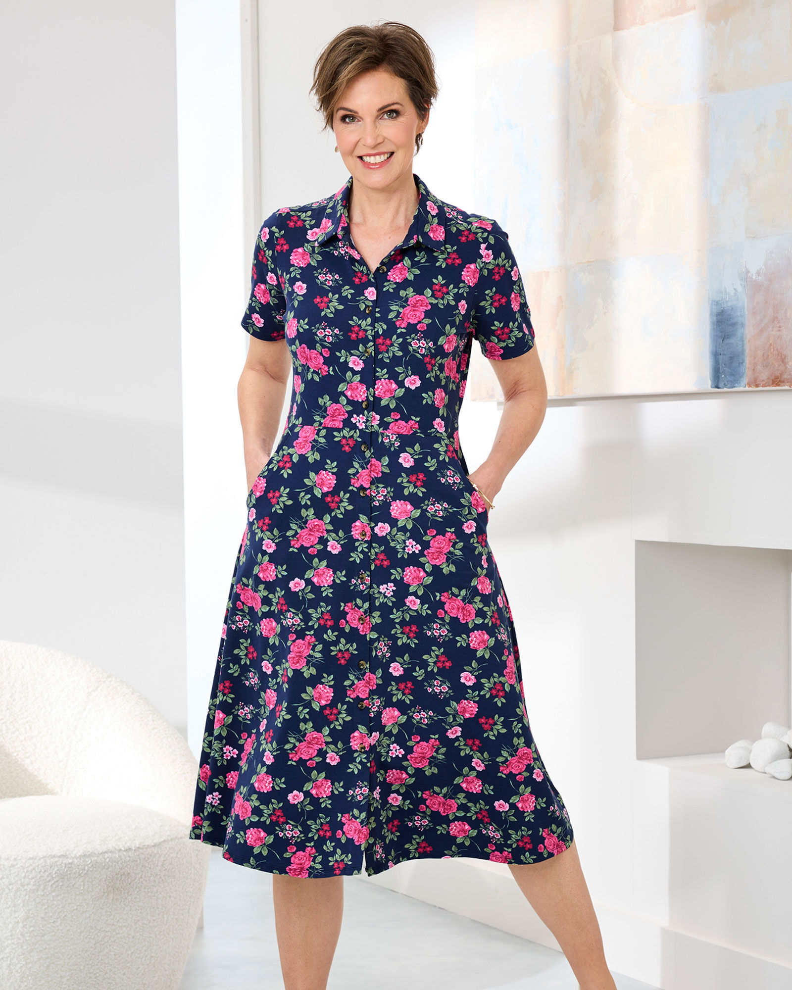 Short Sleeve Jersey Midi Shirt Dress Blue Navy at Cotton Traders