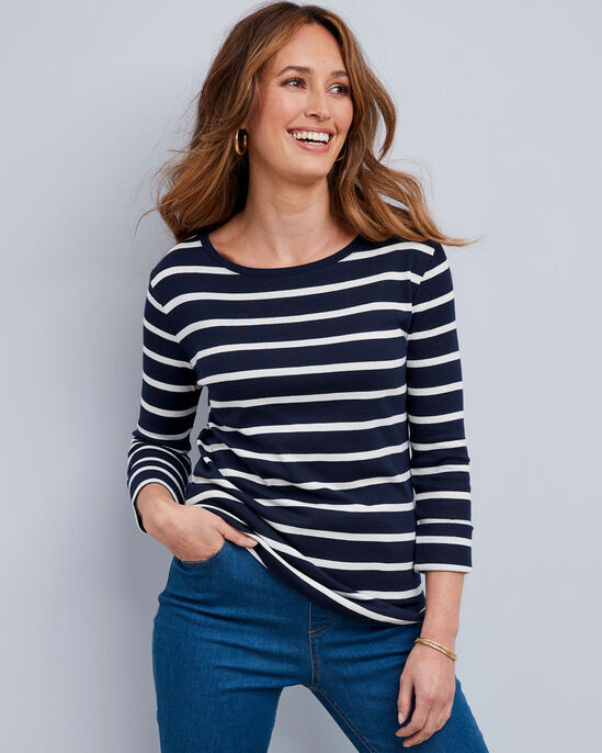 Wrinkle Free ¾ Sleeve Scoop Neck Stripe Jersey Top