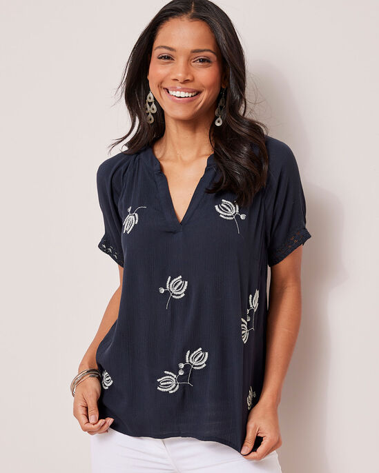 Floral Embroidered Crinkle Top