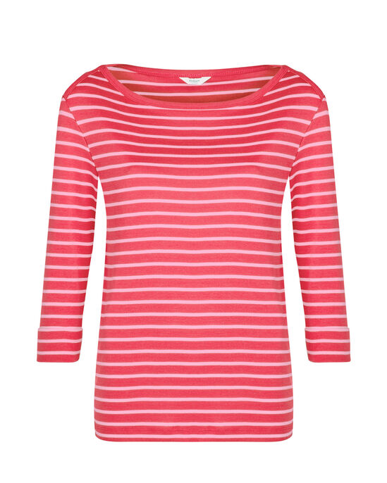 Wrinkle Free ¾ Sleeve Boat Neck Stripe Jersey Top