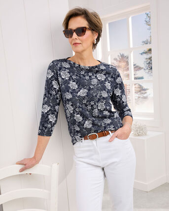 3/4 Sleeve Printed Boat Neck Top