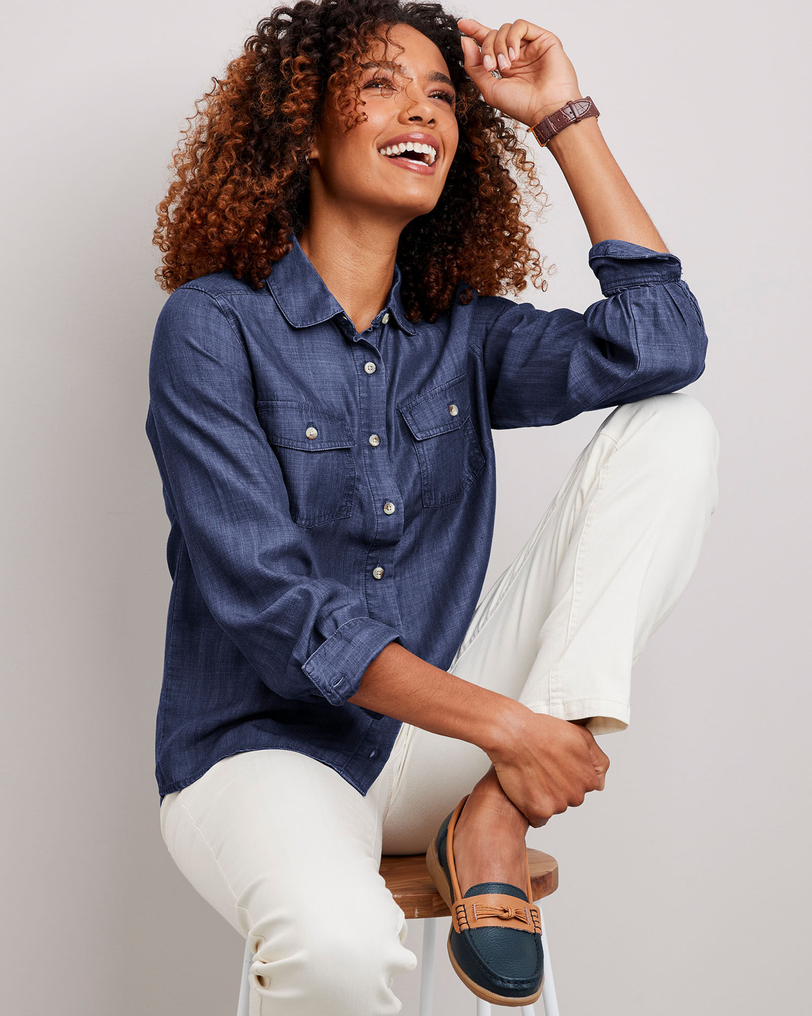 Long sleeve denim shirt womens best sale