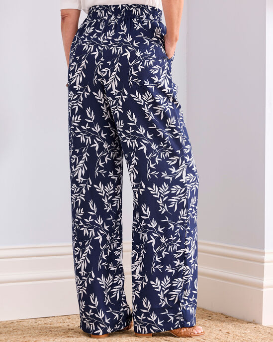 Printed Wide-Leg Pull-On Trousers