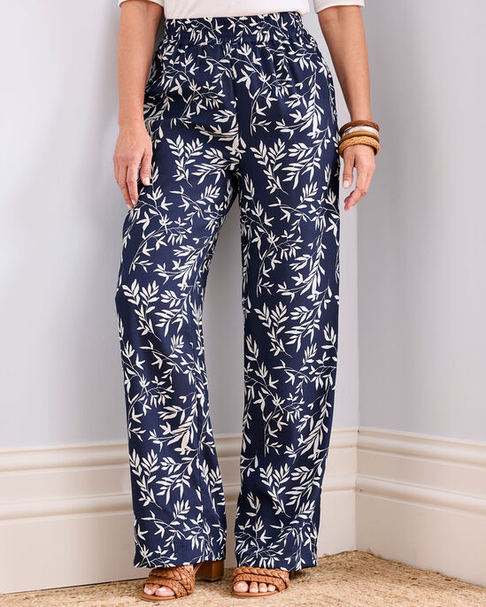 Printed Wide-Leg Pull-On Trousers