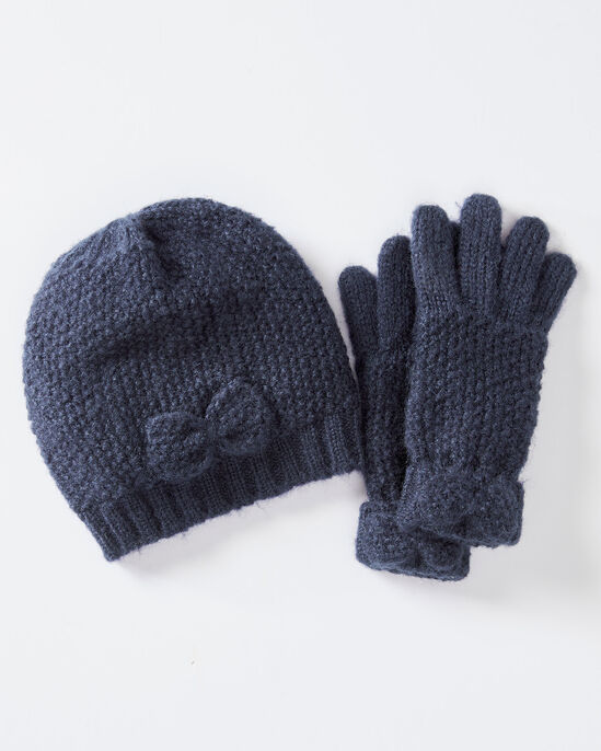 Bow Trim Fleece Lined Hat and Glove Set