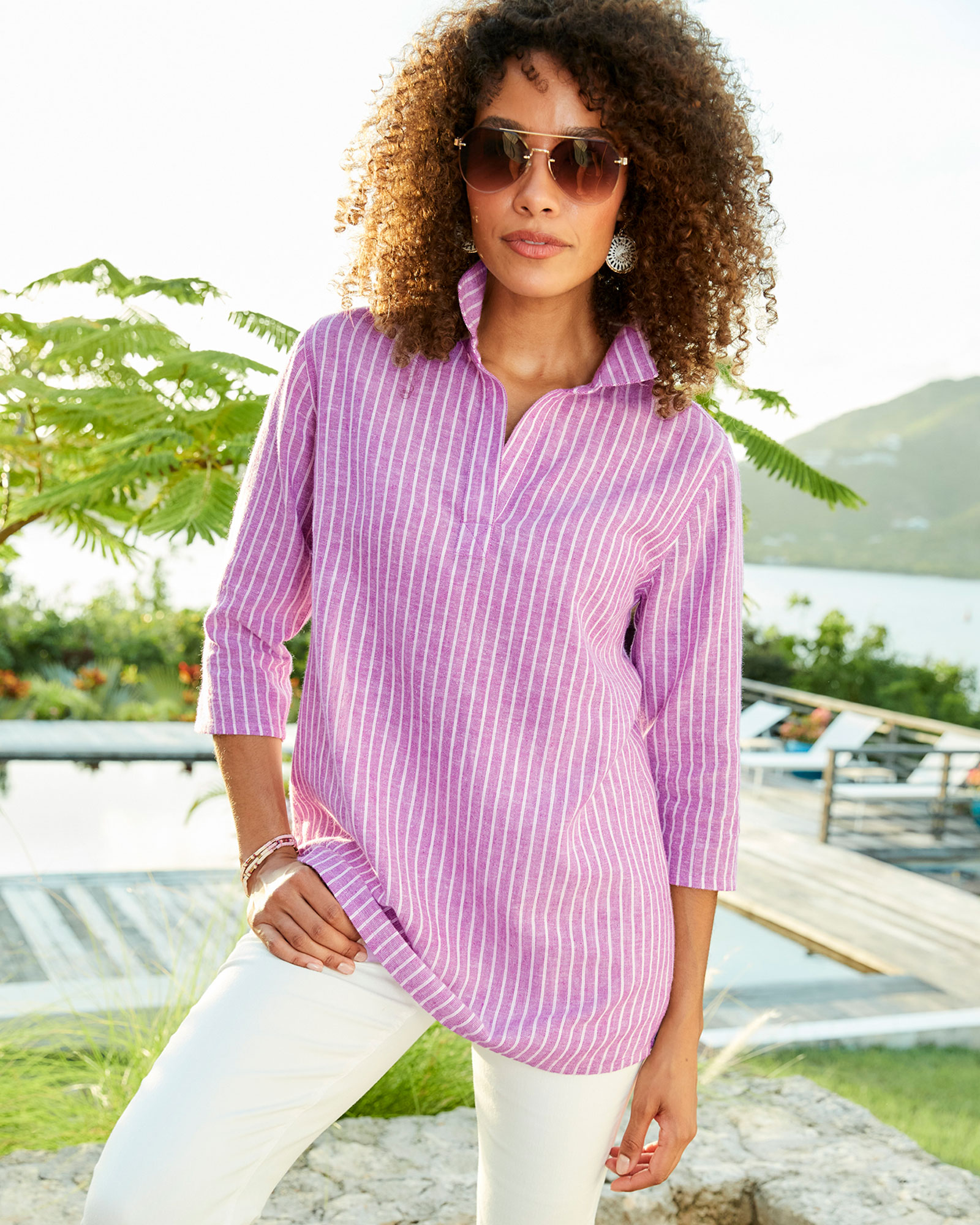 Stripe 3/4 Sleeve Cotton-Linen Overshirt